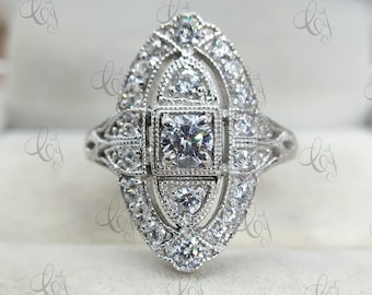 Ring med tre stenar och diamanter, 2,64 ct vit rundslipad diamant i edwardiansk stil, förlovningsring med filigran i art déco-stil i 935 argentiumsilver