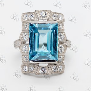 14 Carat Large Aquamarine Emerald Cut Vintage Art Deco Style Engagement Cocktail Ring In 925 Sterling Silver Vintage Reproduction Ring