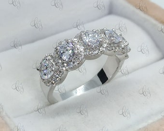 5.78 CT Round Cut Halo Wedding Anniversary Band Ring In 925 Sterling Silver - Five Stone Halo Band - Engagement Ring For Womens