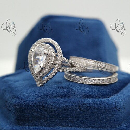 2.75 CT Trio Ring Set shops Pear Cut Double Halo Engagement Wedding Ring Set In 925 Sterling Silver For Women - 3PCS - Bridal Set - Band Set
