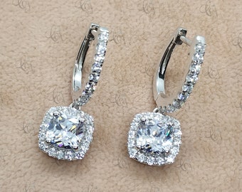 2.70 Ct Cushion Excellent Cut Halo Drop Dangle Earrings In 925 Sterling Silver - Fancy Earrings For Women - Wedding Engagement Earrings