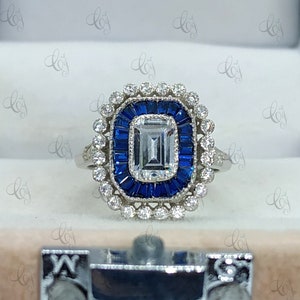 2.20 Ct Emerald Cut et Sapphire Halo Antique Art Déco Bague Cocktail de Fiançailles En 925 Argent Sterling Vintage Style Bague Lunette Bague