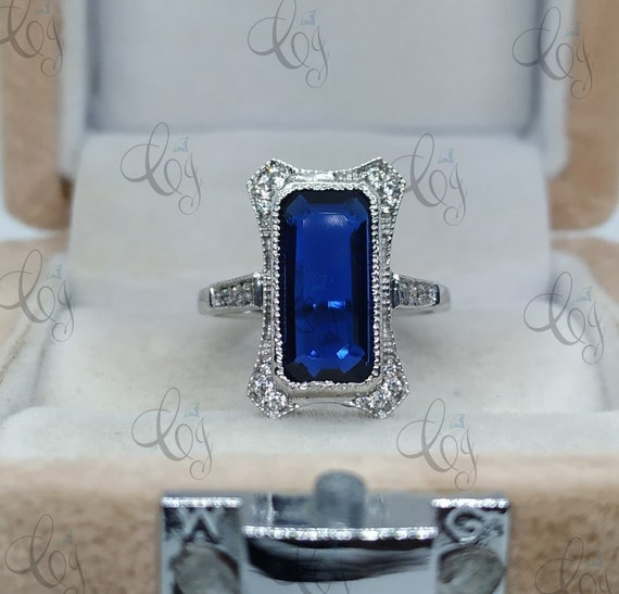 5.30 CT Emerald Cut Sapphire Vintage Antique Art Deco Engagement Ring Sapphire Solitaire Ring Bezel Ring Cocktail Ring Estate Diamond Ring