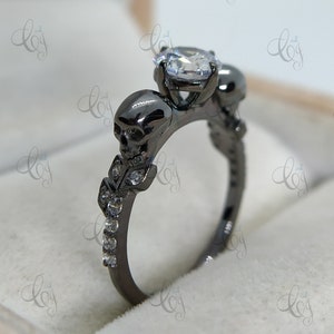 1.20 Ct Round Cut White Moissanite Leaf Style Skull Engagement Ring, Diamond Solitaire Skull Ring, Gothic Two Skull Ring, Anniversary Gift