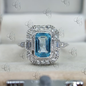 2.30 Carat Vintage Art Deco Emerald Cut Aquamarine Antique Engagement Ring In 935 Argentium Silver For Women Wire Shank Ring Antique Ring