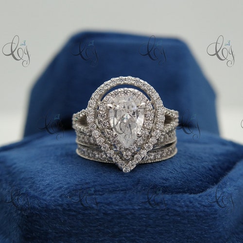 2.75 CT Trio Ring Set shops Pear Cut Double Halo Engagement Wedding Ring Set In 925 Sterling Silver For Women - 3PCS - Bridal Set - Band Set