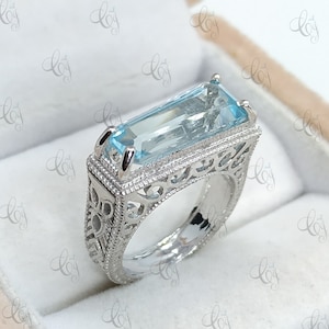 9 Carat Aquamarine Emerald Cut Vintage Art Deco Engagement Cocktail Ring In 925 Sterling Silver Aqua Solitaire Ring