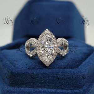 1.90 ct Marquise Cut Halo Engagement Ring, Marquise Diamond Ring, Marquise Cut Moissanite Ring, Wedding Ring, Promise Ring, Sterling Silver
