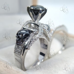 Gothic Black Face Skull Ring Set 2.00 Ct Black Round Cut Diamond Skull Engagement Ring Set Gothic Ring Set Two Skull Ring Wedding Band Set