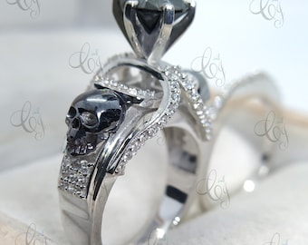 Gothic Black Face Skull Ring Set 2.00 Ct Black Round Cut Diamond Skull Engagement Ring Set Gothic Ring Set Two Skull Ring Wedding Band Set