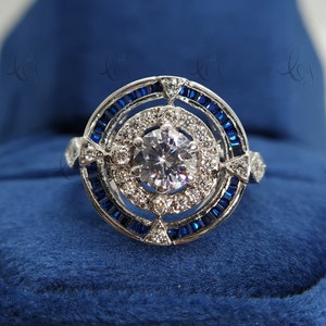 Vintage Blue Sapphire Halo Engagement Ring 1.50 Carat Old European Moissanite Center Wedding Ring Sterling Silver Art Deco Style Target Ring