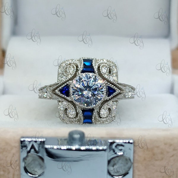 Vintage Art Deco Style Engagement Ring In 925 Sterling Silver 2.70 CT Round Cut & Sapphire Art Deco Style Ring Vintage Style Ring