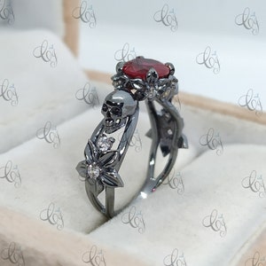 2.00 Carat Round Cut Ruby Two Skull Engagement Wedding Ring Black Face Skull with Flower Ring Gothic Skull Ring Skull Wedding Ring For Women