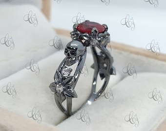 2.00 Carat Round Cut Ruby Two Skull Engagement Wedding Ring Black Face Skull with Flower Ring Gothic Skull Ring Skull Wedding Ring For Women