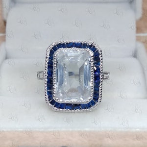 8.50 Ct Antique Art Deco Emerald Cut and Sapphire Engagement Cocktail Ring In 925 Sterling Silver