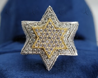 Unique 3-D Star Ring - Mens Ring - Star Shaped Pinky Ring - 5.25 cttw Round Cut Mens Engagement Ring In 925 Silver - Six Point Star Ring