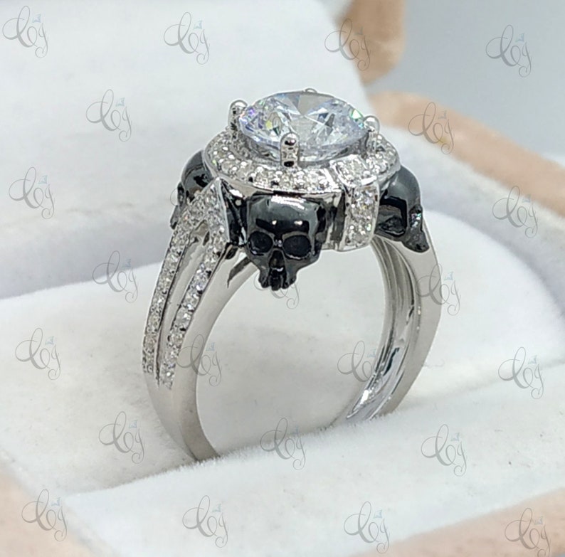 Two Skull Face 2 carat Round Halo Moissanite Engagement Ring Round Halo Engagement Ring Wedding Ring Vintage Skull Ring Sterling Silver