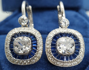 Antique Art Deco Earrings 2.30 Cts Cushion Cut & Sapphire Diamond Dangle Earrings Antique Earrings Vintage Earrings Halo Bezel Earrings Gift