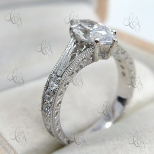 Anillo de compromiso Art Déco vintage con diamantes blancos de talla marquesa de 1,90 quilates en plata de ley 935 Argentium. Anillo de bodas con filigrana. Regalo para mujer.