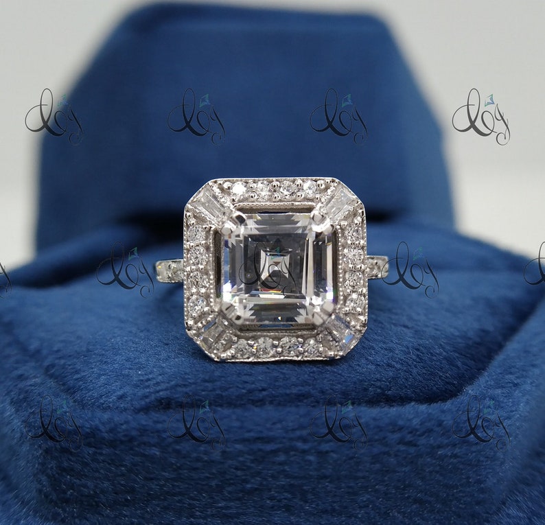 Art Deco 2.14 Carat Asscher Cut Diamond Wedding Engagement Ring In 935 Argentium Silver, Art Deco Ring, Antique Engagement Ring Vintage Ring image 2