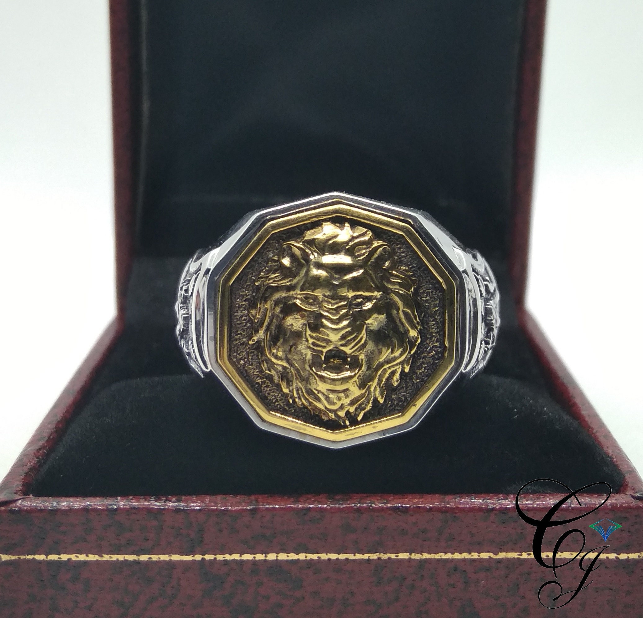 Men's Lion Head Wedding Ring - Stainless Steel With Carbon Fiber, Red CZ & Agate, Size 8-15 | AGI Certified, Gift Ready 11 thumbnail image