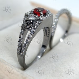 Red Garnet Diamond Vintage Skull Engagement Ring Set, Halo Diamond Gothic Skull Bridal Set, Black Two Face Skull Ring, Anniversary Gift
