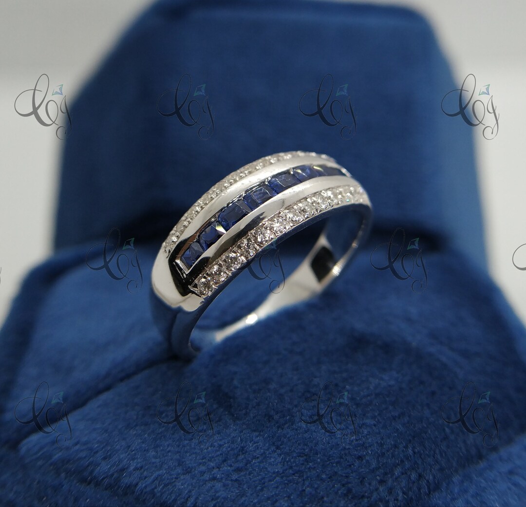 Laboratorio Creado Azul Y Zafiro Blanco 7-Stone Anillo En