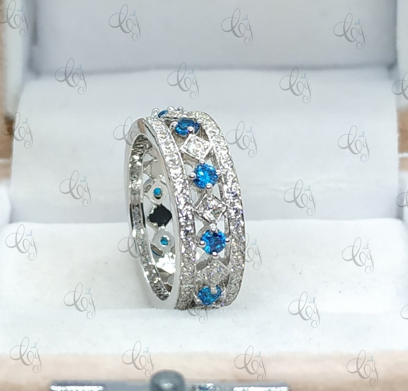 Stackble Eternity Anniversary Band Ring 2.64 Tcw White /& Blue Round Cut Fully Eternity Wedding Band In 925 Sterling Silver For Womens