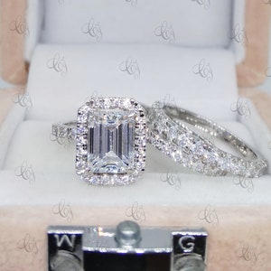 2.87 CT Trio Ring Set Emerald Shaped Halo Engagement Wedding Ring Set In 925 Sterling Silver For Women - 3PCS - Bridal Set - Band Set