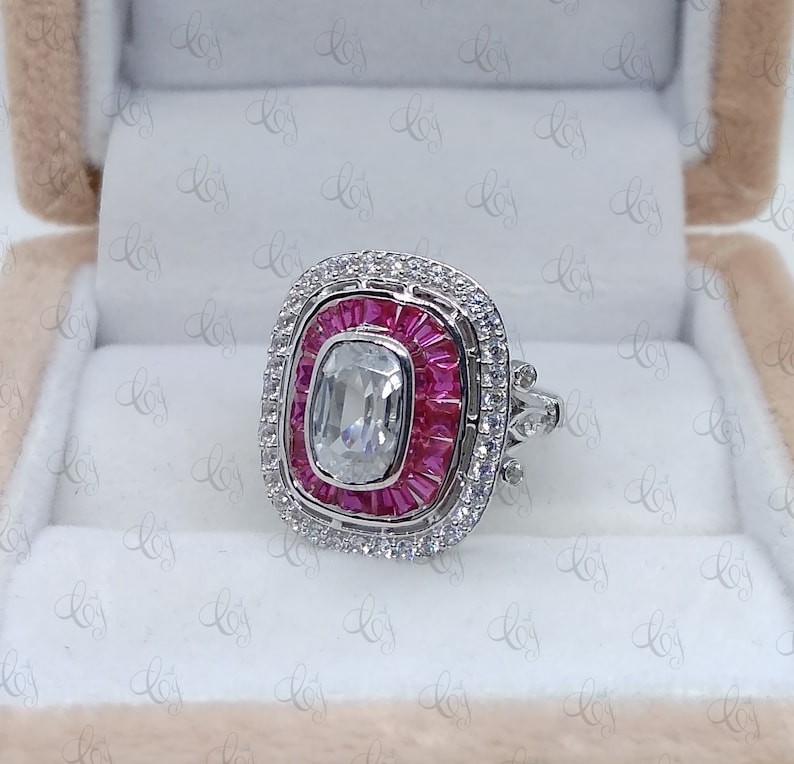 Art Deco 1.85 Carat White Cushion Cut and Ruby CZ Engagement Cocktail Ring In 925 Sterling Silver For Women/'s