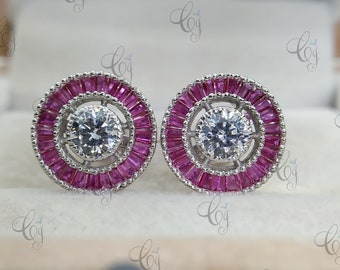 Art Deco Vintage Halo Earrings Red Ruby Stud Earrings In 935 Argentium Silver Antique Old European Cut Diamond Earrings Womens Earring