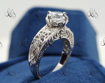 Vintage 2,00 karat rundslipad diamant förlovningsring i 935 argentiumsilver, art déco-ring, antik förlovningsring edwardiansk ring