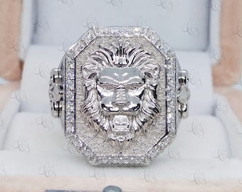Heavy Large Lion Face and ALL-SEEING Eye Round Cut CZ Men&#39;s Engagement Ring Men&#39;s Jewelry In Solid 925 Sterling Silver Cocktail Party Ring