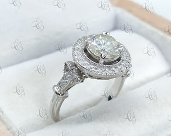 1.98Ct RundEr Brilliant Moissanit Verlobungsring Massiv 925 Sterling Silber - Vintage Stil - Art Deco Stil - Hochzeit Moissanit Ring