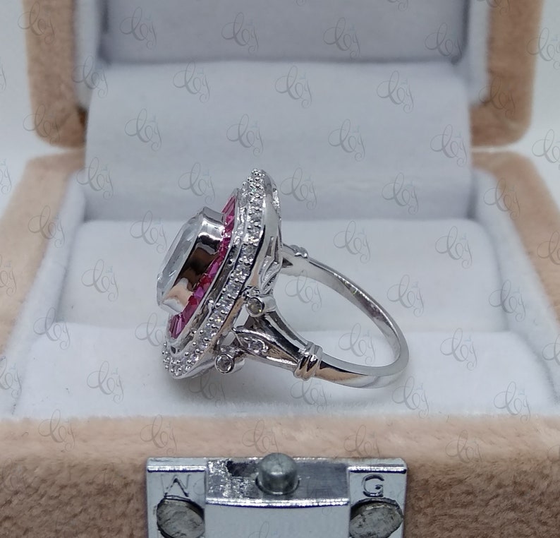 Art Deco 1.85 Carat White Cushion Cut and Ruby CZ Engagement Cocktail Ring In 925 Sterling Silver For Women/'s