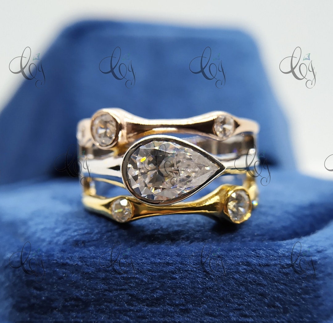 Beautiful Horizontal Bezel Set Pear Shape Engagement Wedding Ring Three