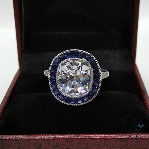 4.00 Carat Cushion Cut and Sapphire Halo Antique Art Deco Engagement Ring In 925 Sterling Silver