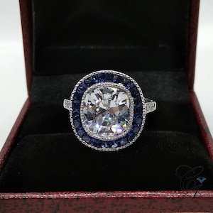 4.00 Carat Cushion Cut and Sapphire Halo Antique Art Deco Engagement Ring In 925 Sterling Silver