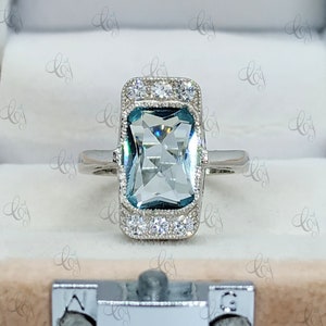 4.30 Ct Cushion Cut Aquamarine Vintage Art Deco Style Engagement Ring In 925 Sterling Silver Aqua Bezel Ring Art Deco Style Ring For Women