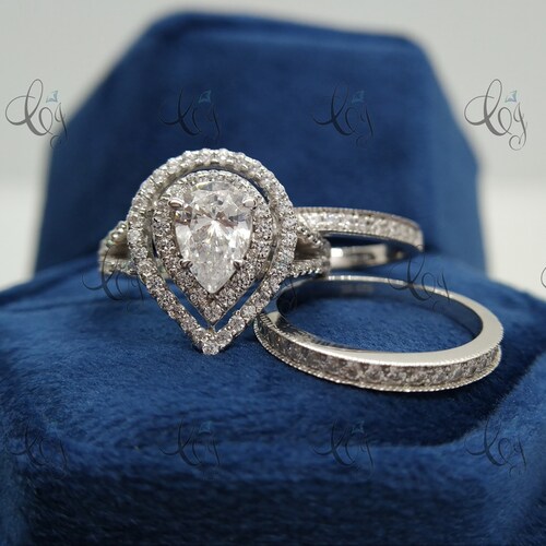 2.75 CT Trio Ring Set shops Pear Cut Double Halo Engagement Wedding Ring Set In 925 Sterling Silver For Women - 3PCS - Bridal Set - Band Set