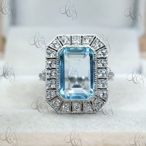 8.00 Carat Emerald Cut Aquamarine Vintage Art Deco Engagement Ring In 925 Sterling Silver Aqua Bezel Ring Antique Style Ring For Women
