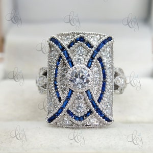 Vintage 3.49 Cts White Round Cut Diamond & Sapphire Engagement Wedding Ring In 935 Argentium Silver, Bezel Art Deco Ring, Antique Ring