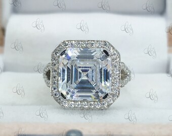 Anel de casamento de noivado Halo com corte Asscher 3,28 CT em prata esterlina 925 para mulheres - Anel Halo em formato Asscher - Presente de aniversário