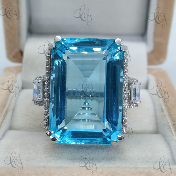 100 Carat Large Aquamarine Emerald Cut Art Deco Engagement Cocktail Ring In 925 Sterling Silver, Antique Ring, Aqua Gemstone Diamond Ring