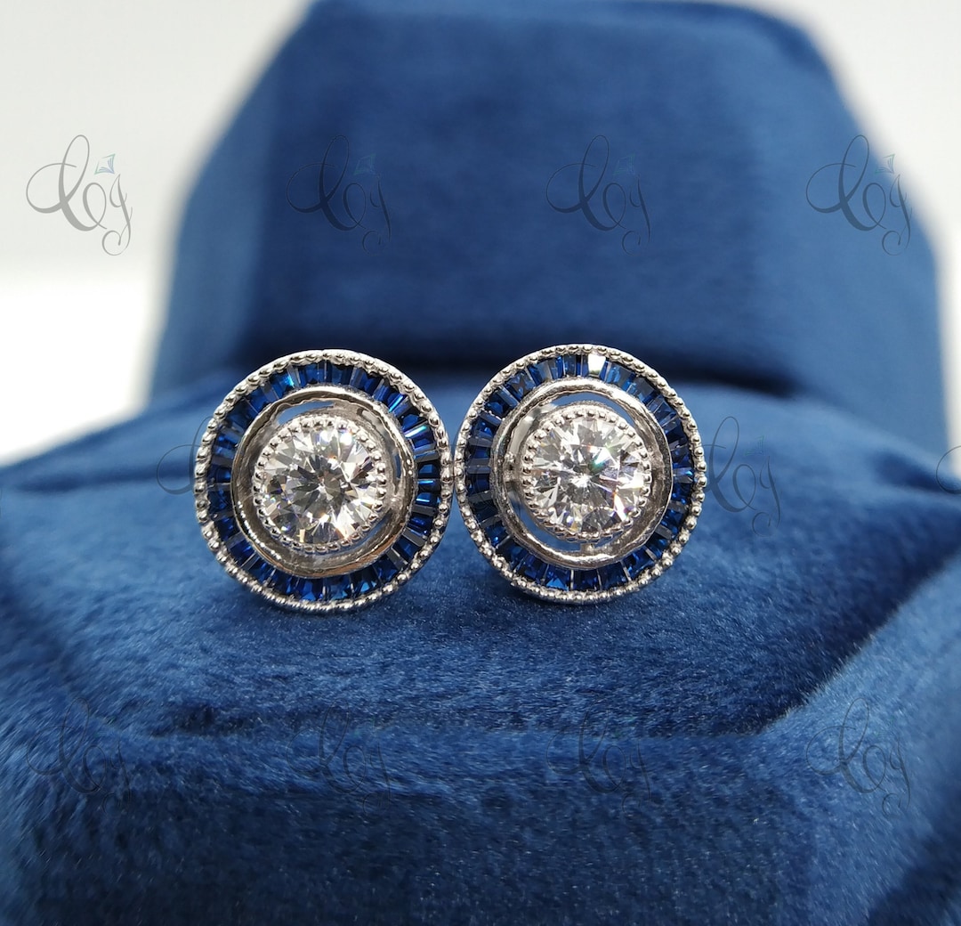 Antique Art Deco Earrings 2.00 Cts Round Diamond Sapphire Diamond Stud Earrings Vintage Earrings Antique Stud Earrings Halo Bezel Earrings Etsy