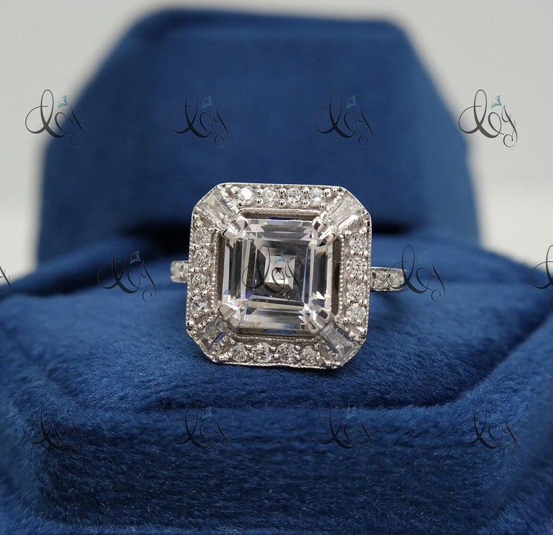 Art Deco 2.14 Carat Asscher Cut Diamond Wedding Engagement Ring In 935 Argentium Silver, Art Deco Ring, Antique Engagement Ring Vintage Ring image 1