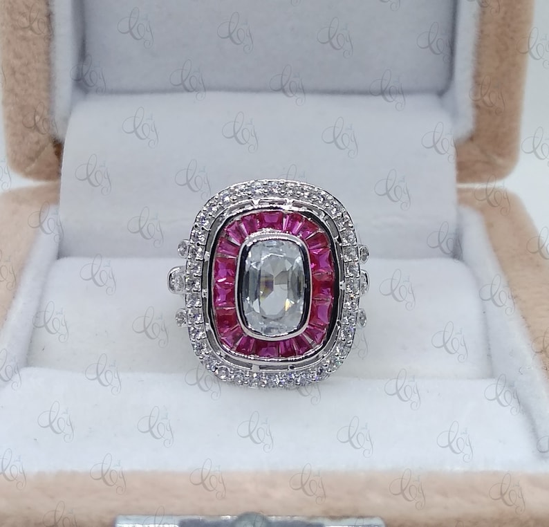 Art Deco 1.85 Carat White Cushion Cut and Ruby CZ Engagement Cocktail Ring In 925 Sterling Silver For Women/'s