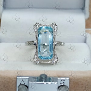 5.30 CT Emerald Cut Aquamarine Vintage Antique Art Deco Engagement Ring Aqua Solitaire Ring Bezel Ring Cocktail Ring