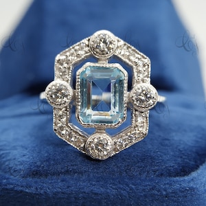 Estate Vintage 2.10 Carat Emerald Cut Aquamarine Engagement Ring Bezel Halo Ring Edwardian Ring Sterling Silver Art Deco Ring For Womens