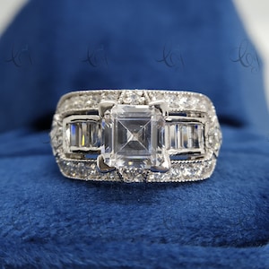 Art Deco Vintage Edwardian Engagement Ring Ethical Asscher Cut Diamond Engagement Ring Sterling Silver Art Deco Ring For Her Antique Ring